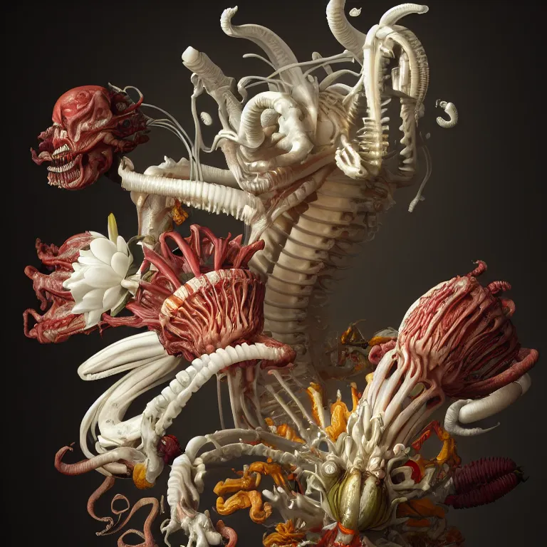 Image similar to still life of white xenomorph, beautiful tropical flowers, human spine, colorful mold, baroque painting, beautiful detailed intricate insanely detailed octane render, 8K artistic photography, photorealistic, chiaroscuro, Raphael, Caravaggio