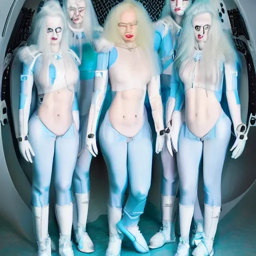 Prompt: troop of freak show women with white apache hairdos, white hair, tight light blue neopren suits, futuristic production facility, sci - fi, highly detailed, cinematic