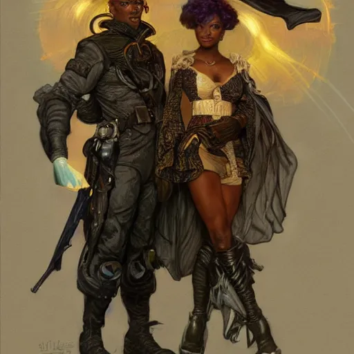 Prompt: a black woman space pirate long pixie haircut in a pirate hat and long captain's coat drawn by Donato Giancola and Jon Foster, Frank frazetta, Alphonse Mucha, flat grey background by James Jean and Gustav Klimt, volumetric lighting, French Nouveau, trending on artstation