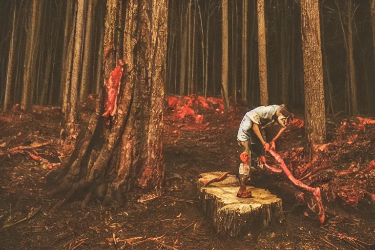 Image similar to terrible dark forest in the depths of which there is a large butcher chopping meat on a wooden stump from Dota 2 filmed hidden on a phone camera, Cinematic, wildlife photography, 35mm, photo on iphone