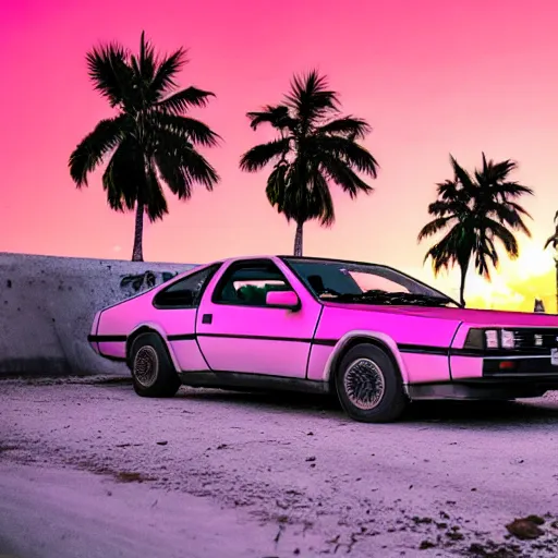 Prompt: car wide shot epic post apocalyptic landscape miami nuke fire craters end of the world miami beach sunset vapor wave palm trees 80s synth retrowave delorean decal