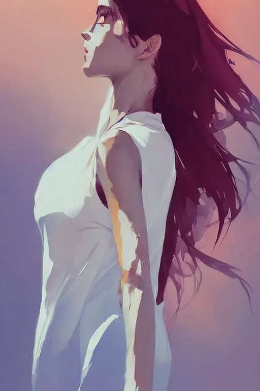 Image similar to a ultradetailed beautiful painting of a stylish woman with a white tank top, by conrad roset, greg rutkowski and makoto shinkai trending on artstation