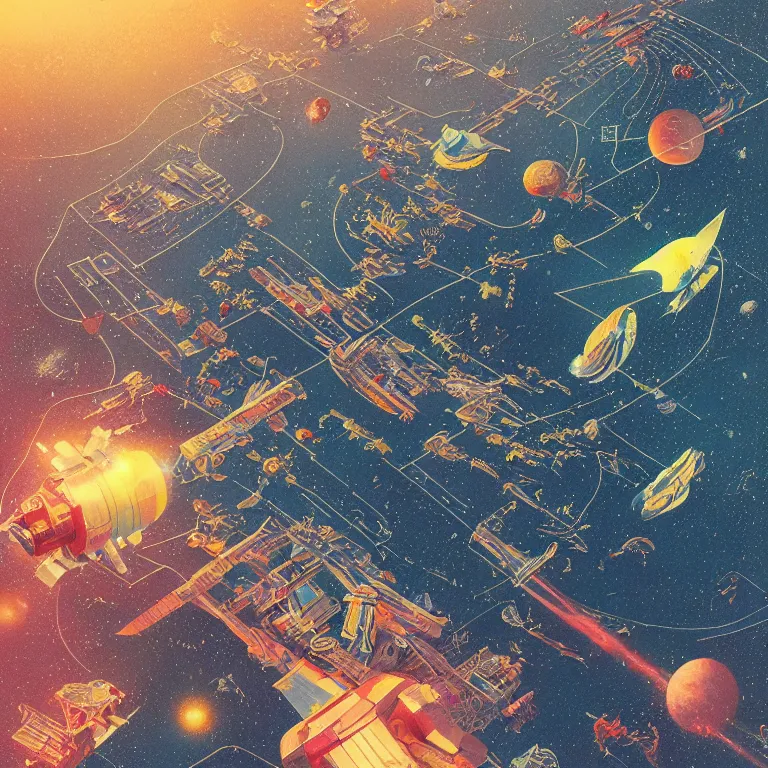 Image similar to isometric view illustration of a very lively space port , highly detailed, end of the day, by James Gilleard and Bruce Pennington