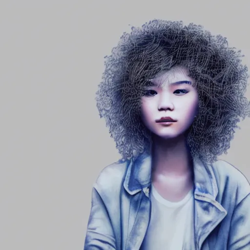 Prompt: A digital painting portrait of a cute thai girl with messy curly pastel hair, wearing streetwear fashion by lya kushinov, Avetetsuya Studios