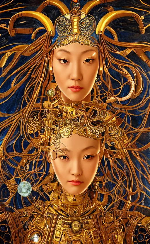 Image similar to beautiful mural of a young asian cyborg queen, piercing glowing robot eyes, elegant, striking composition, highly detailed ornate sci fi background, mural in the style of sandro botticelli, caravaggio, albrecth durer, 8k