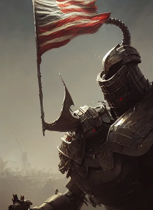 Prompt: portrait epic armored war commander biting a flag and losing his arms. highly detailed, digital painting, concept art, smooth, sharp focus, illustration, art by greg rutkowski