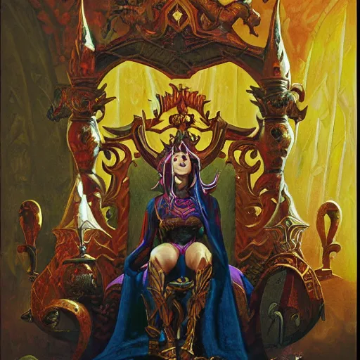 Prompt: a painting of a dark elf sitting on a throne, a character portrait by tim hildebrandt, deviantart contest winner, fantasy art, ps 1 graphics, hellish background, official art