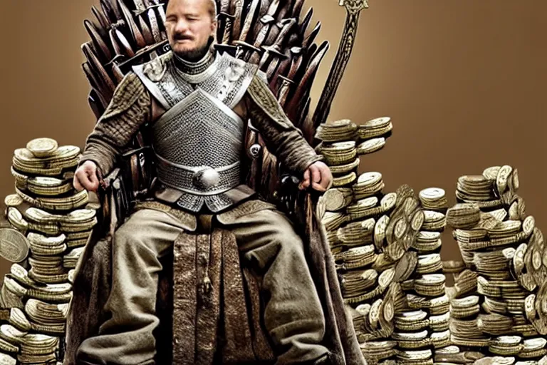 Image similar to man sitting, on a throne made of money, coins and dollars, in the style of game of thrones