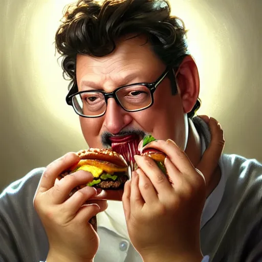 Image similar to portrait of wayne knight eating hamburgers, extra onions and ketchup, luscious patty with sesame seeds, feminine ethereal, handsome, d & d, fantasy, intricate, elegant, highly detailed, digital painting, artstation, concept art, matte, sharp focus, illustration, art by artgerm and greg rutkowski and alphonse mucha
