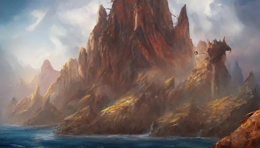 Image similar to concept art of dragon and cliffs, oil painting by jama jurabaev, extremely detailed, brush hard, artstation, high quality, brush stroke