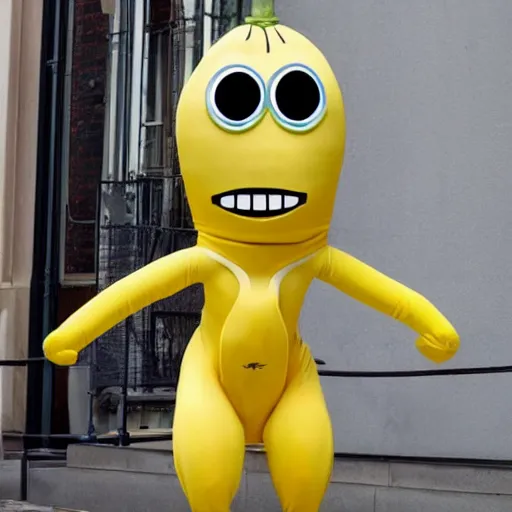 Image similar to a full body banana with legs and arms wearing an emma stone mask