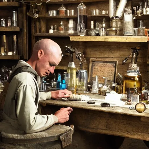 Prompt: An alchemist sitting in his workshop creating potions and formulas, style of Daniel Martin Diaz