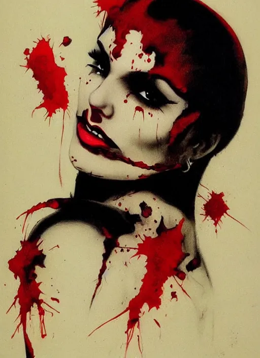 Image similar to portrait of bald iranian vampiress, strong line, saturated color, beautiful! coherent! by frank frazetta, high contrast, blood splatter background