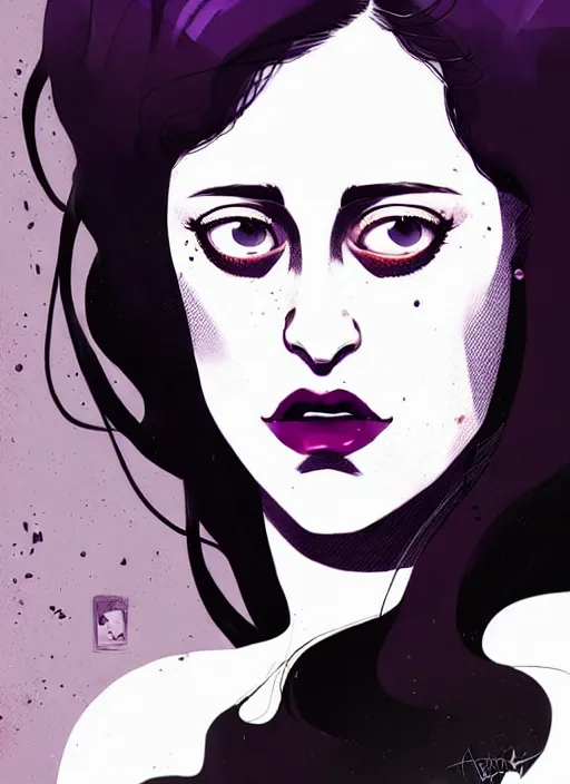 Image similar to highly detailed closeup portrait of beautiful carly chaikin as darlene alderson, wavy black hair, by atey ghailan, by greg rutkowski, by greg tocchini, by james gilleard, by joe fenton, by kaethe butcher, gradient purple, black and white color scheme, grunge aesthetic!!! ( ( graffiti tag wall background ) )