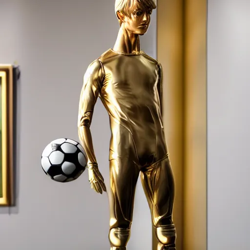 Image similar to a realistic detailed photo of a guy who is an attractive humanoid who is half robot and half humanoid, who is a male android, soccer players martin ødegaard, shiny skin, posing like a statue, blank stare, in a museum, on display, showing off his muscles, gold soccer shorts, ground view, porcelain statue