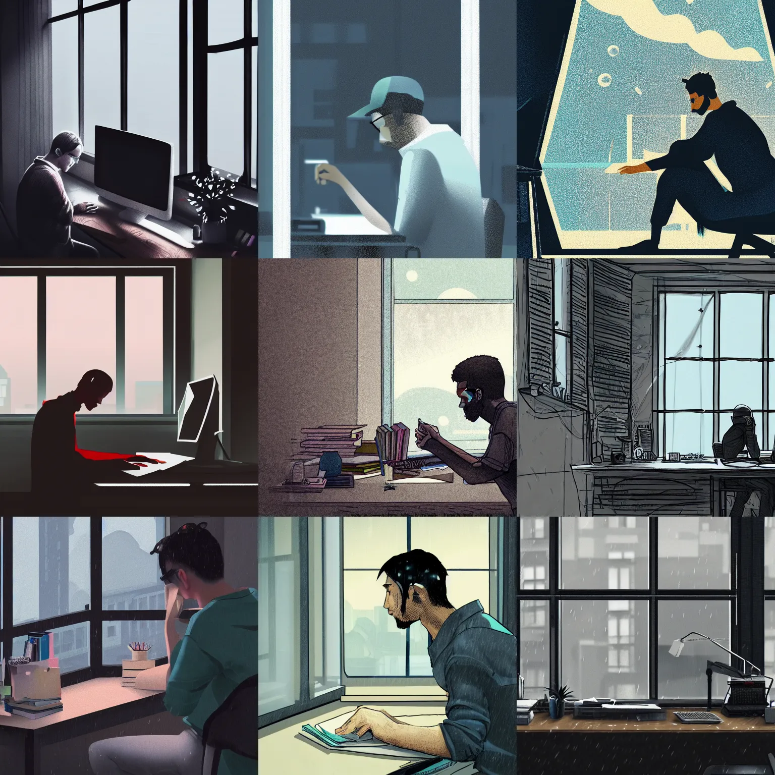 Prompt: A researcher at their desk next to the window trying to find the motivation to continue, lo-fi hiphop, seen from the side, rain, moody, trending on artstation, 4k