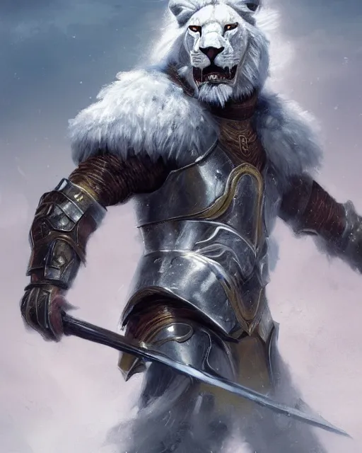 Prompt: oil painting of Anthropomorphized White Lion General in Battle, wearing armor, wearing fur cloak, sharp focus, holding Sabre, heroic pose, fantasy style, octane render, volumetric lighting, 8k high definition, by greg rutkowski, highly detailed, trending on art Station, magic the gathering artwork, Battlefield backround, centered