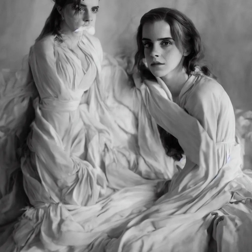 Prompt: closeup Emma Watson long hair flowing robes baroque room cinematic lighting stanley kubrick barry lyndon Cecil Beaton, Lee Miller, Irving Penn, David Bailey, Corinne Day, Patrick Demarchelier 4k canon 5d mk4