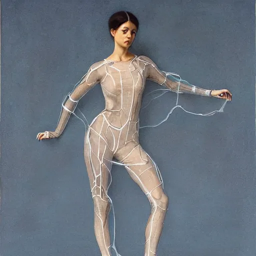 Image similar to full body portrait of a beautiful woman wearing a transparent plastic skin tight jumpsuit, Edgar Maxence and Ross Tran and Michael Whelan and Gustav Klimpt