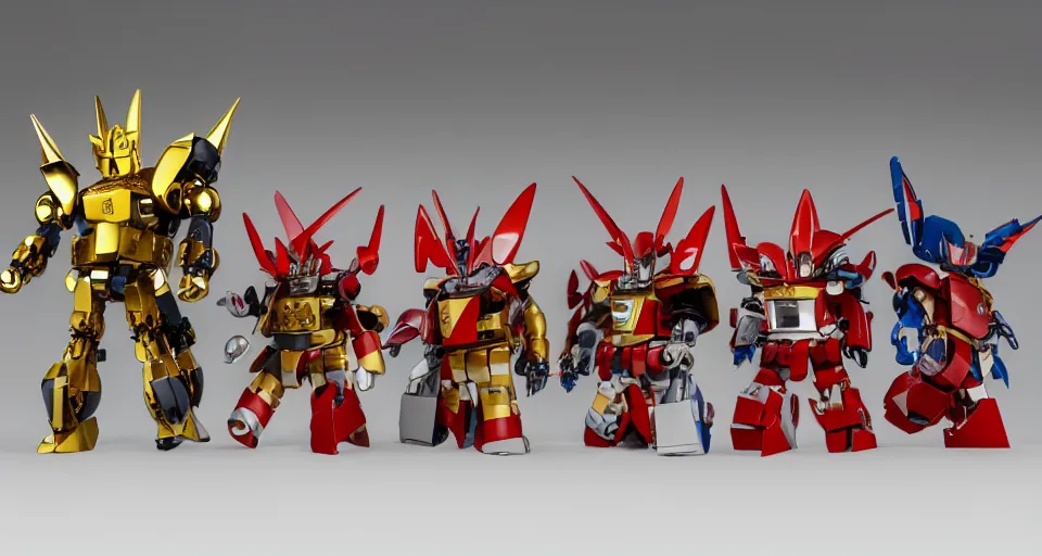 Prompt: a gachapon collection of several super - deformed chibi mecha robot lego, mazinger, getter robo, gurenn lagann, by hajime katoki, plastic toy, product photo, realistic, symmetrical, octane render, wideshot