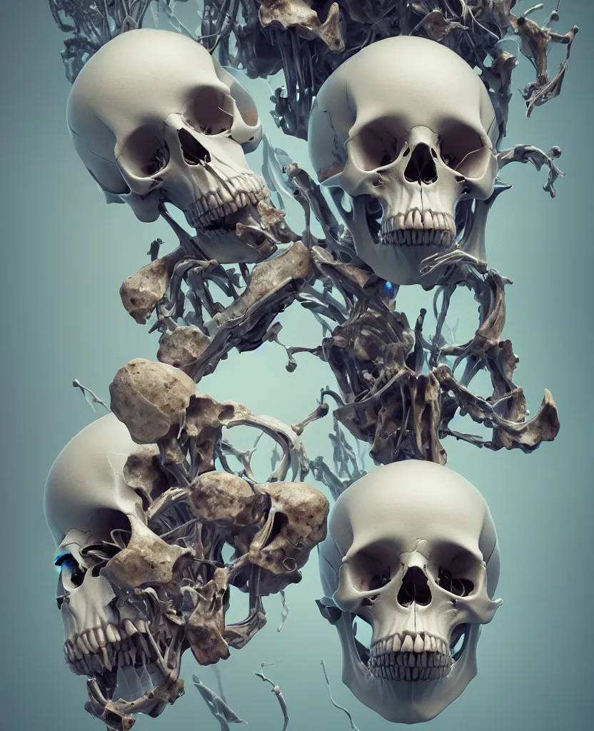 Image similar to composition of human skulls, animals skulls, bones, rib-cage and orchids, bioluminiscent, by Tooth Wu and wlop and beeple. octane render, trending on artstation, greg rutkowski very coherent symmetrical artwork. cinematic, hyper realism, high detail, octane render, 8k