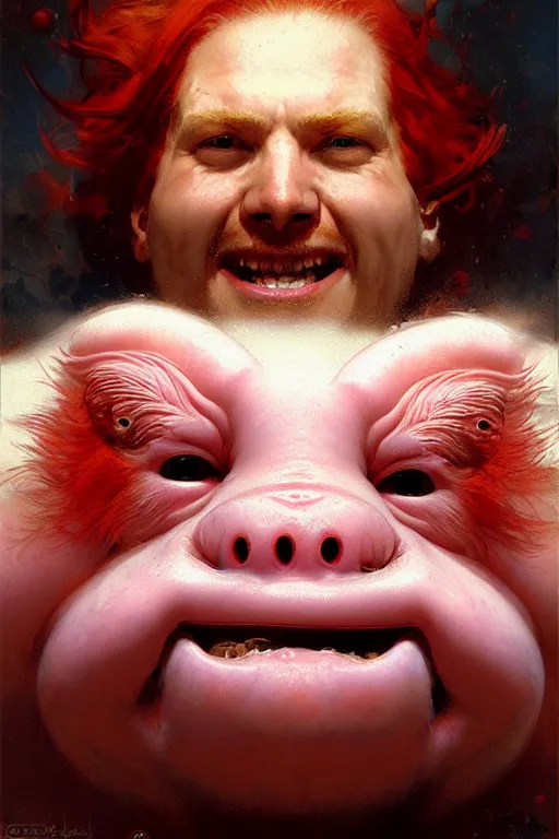 Image similar to red haired white blobfish grinning happily extremely detailed extreme close up portrait dnd, painting by gaston bussiere, craig mullins, greg rutkowski, yoji shinkawa