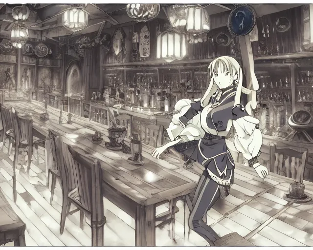 Prompt: anime visual, portrait of a young female in a busy fantasy medieval tavern interior at night, face by yoh yoshinari, murata range, last exile, blue submarine no 6, dynamic pose, dynamic perspective, detailed silhouette, rich texture, seven deadly sins anime, flat, anime cels, matte color, flat lighting on face, rounded eyes