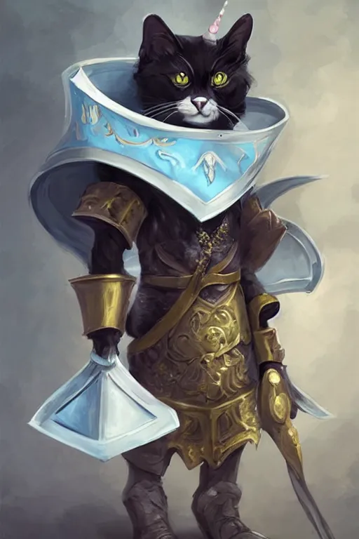 Prompt: cute anthropomorphic Tuxedo cat knight wearing a cape and a crown and holding a bow, tiny, short, pale blue armor, cute and adorable, pretty, beautiful, DnD character art portrait, matte fantasy painting, DeviantArt Artstation, by Jason Felix by Steve Argyle by Tyler Jacobson by Peter Mohrbacher, cinematic lighting