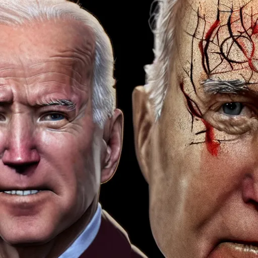 Image similar to closeup portrait biden in dante's inferno painting, crows, crosses, dark beauty, rotten gold, perfect faces, extremely detailed, cinema 4 d, unreal engine.