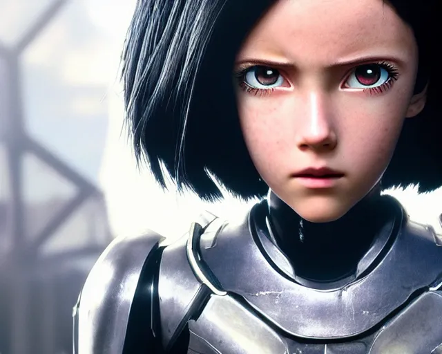 Image similar to a beautiful film still from battle angel alita played by actress millie bobby brown, futuristic, cinematic lighting, photorealistic, lifelike, highly detailed, photorealistic, high resolution