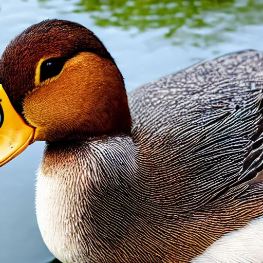 Image similar to A high detail closeup shot of a duck wearing a suit