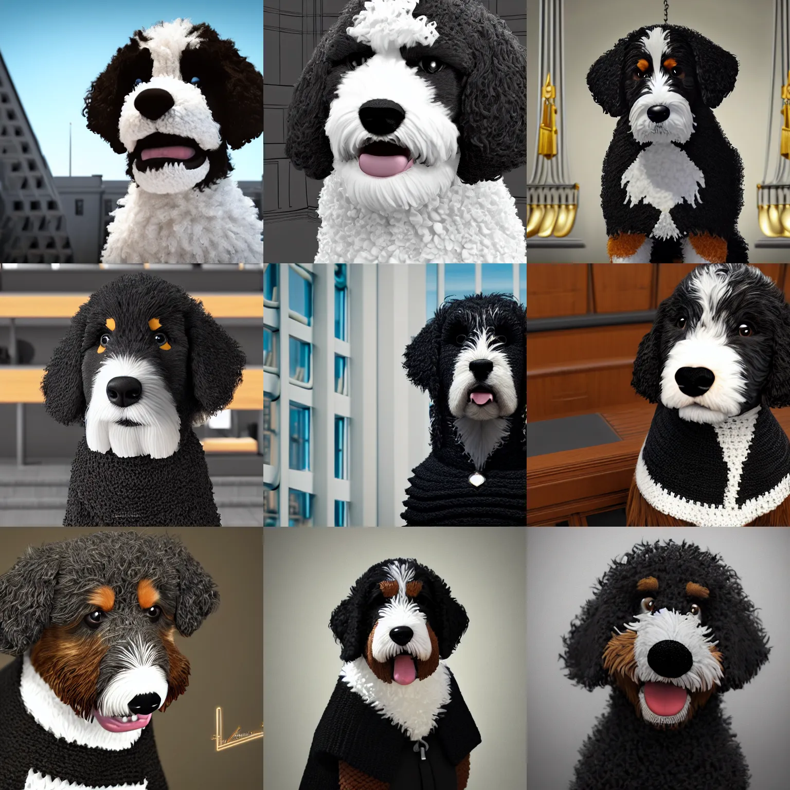 Prompt: a closeup photorealistic illustration of a smiling knitted bernedoodle judge puppy dressed in a black gown, presiding over the courthouse. scales of justice. this 4 k hd image is trending on artstation, featured on behance, well - rendered, extra crisp, features intricate detail, epic composition and the style of unreal engine.