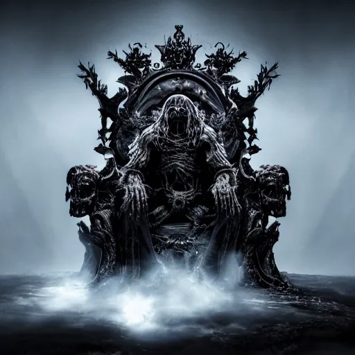 Prompt: death metal god sitting on a throne of bones, cinematic lighting, cosmic black hole halo, demon ghosts around, lava mist, surreal, haunted, in the photographic style of james nachtwey, 8 k, detailed, ornate, complicated