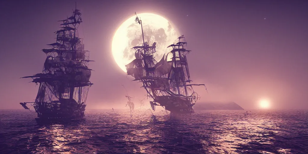 Prompt: ghost pirate ship at open sea at night, full moon behind it, 3 d art, octane render, 6 k, unreal engine,