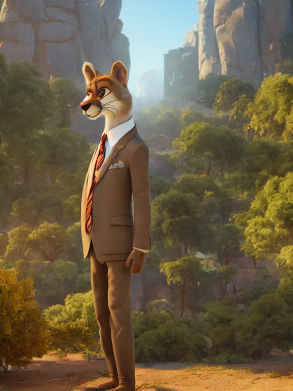 Image similar to a film still from the movie zootopia main character portrait anthro anthropomorphic mountain lion head animal person fursona wearing suit and tie pixar disney dreamworks animation sharp rendered in unreal engine 5 octane key art by greg rutkowski bloom dramatic lighting modeling expert masterpiece render