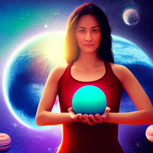 Image similar to yoga instructor holding a planet in her hands in space, trending on art station, cinematic shot, magical, 8 k