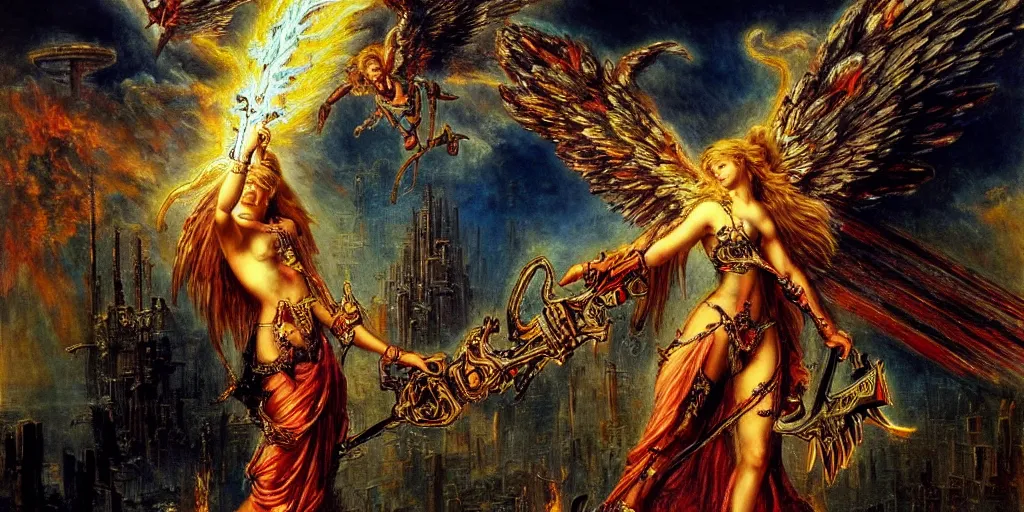 Image similar to Beautiful angel with flaming chainsaw descending on a futuristic city in style of Gustave Moreau. Symbolism, Detailed Art, 8K, Epic, Dynamic Lightning.