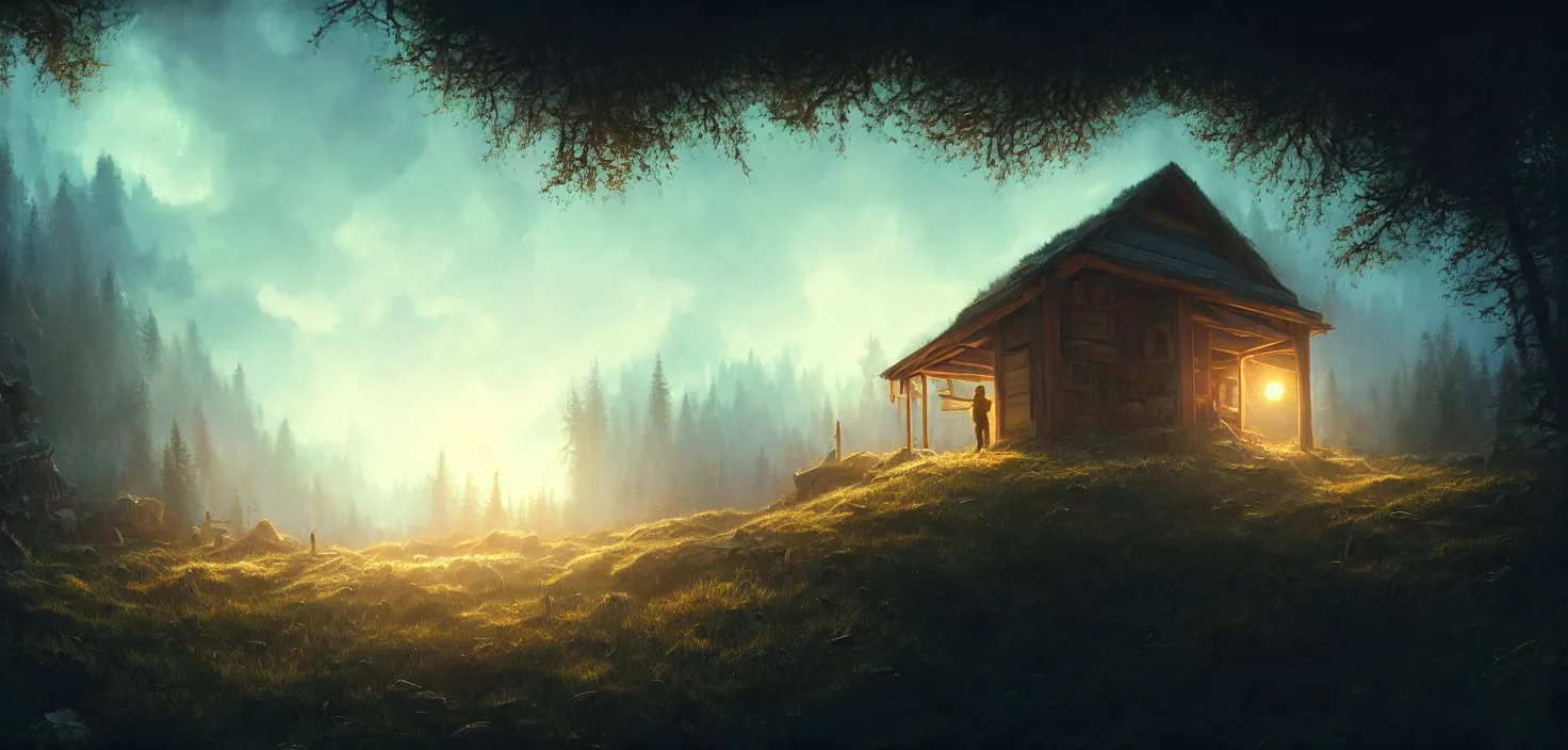 Prompt: concept art of an inside of a macro cabin in the woods closeup, cinematic view, epic sky, detailed, concept art, low angle, high detail, warm lighting, volumetric, godrays, vivid, beautiful, trending on artstation, by jordan grimmer, huge scene, grass, art greg rutkowski