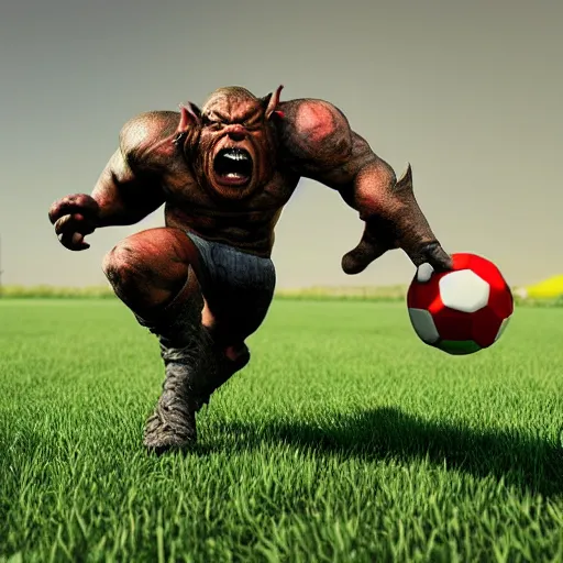 Prompt: Orcs playing with a soccer ball on a grassy field, photorealistic, stylish, trending on artstation