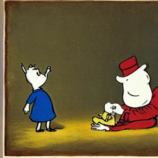 Prompt: moominpoppa with wide scared eyes holding and biting moomintroll, goya painting