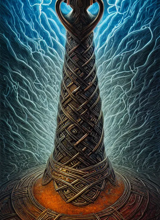 Image similar to hyper detailed ultra sharp mjollnir lightning hammer shape, epic aesthetic, doom, elden ring, stylized viking knotwork, masterpiece, elite, ornate, intricate, digital painting, concept art, smooth, sharp focus, illustration, art by zdizslaw beksinski and dan mumford, alexey egorov, felix englund