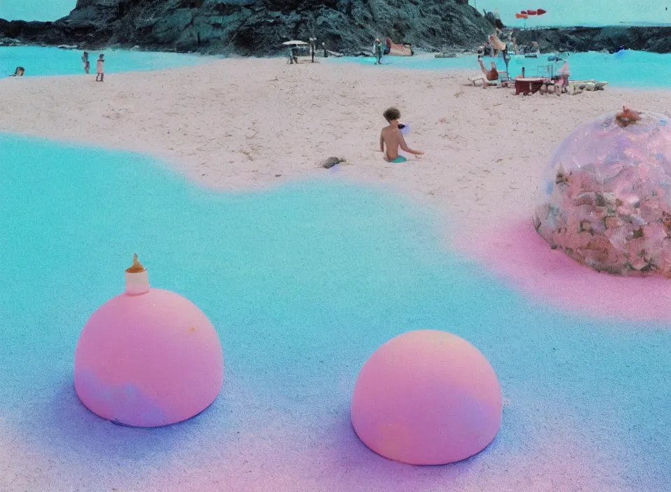 Prompt: a pastel coloured vintage family holiday photo of an empty beach from an alien dreamstate world with chalky pink iridescent!! sand, reflective lavender ocean water, dim bioluminescent plant life and an igloo shaped plastic transparent restaurant including clutter opposite a pit with an iridescent blue flame flickering. glare. refraction, volumetric light.