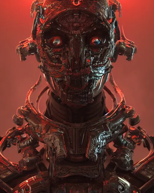 Prompt: a sci fi quarter - length portrait of a shadow demon wearing ornate armor made of sci fi metal plates, cinematic lighting, high detail, dark fantasy, unreal engine, octane render, by vitaly bulgarov artstation, realistic metal reflections, fog volumes, hard surface character pinterest, vivid red glow, post processing, cgsociety