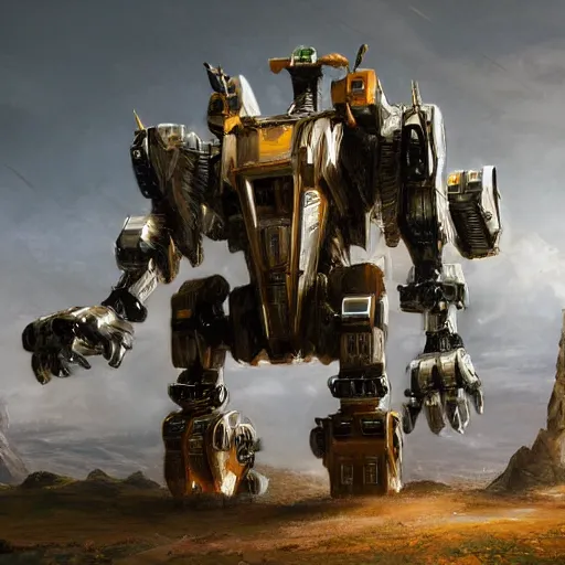 Prompt: epic painting of a realistic four - legged intricate battle robot, rule of thirds, golden ratio, subject in center of frame, detailed science fiction matte painting, trending on artstation