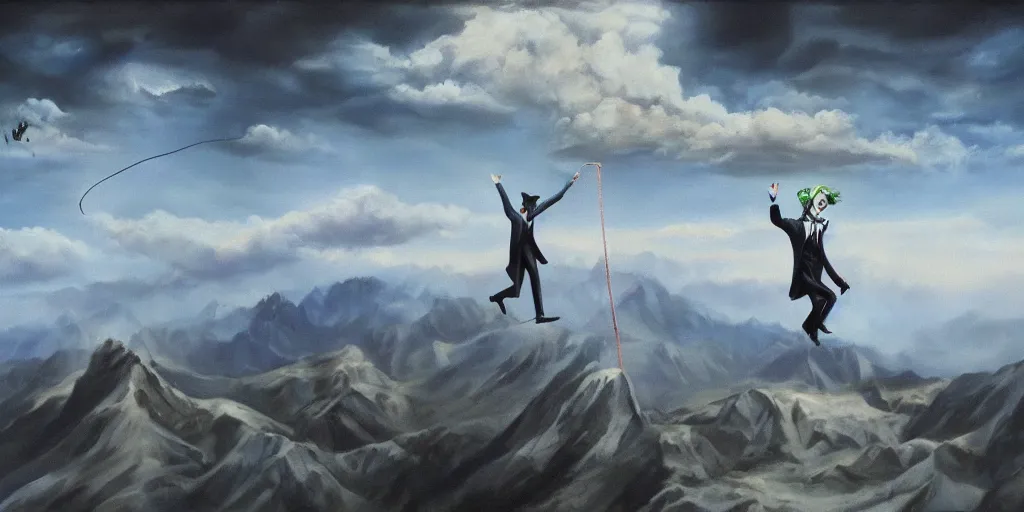 Prompt: photo realistic, surreal painting of a joker walking a tightrope at high altitude