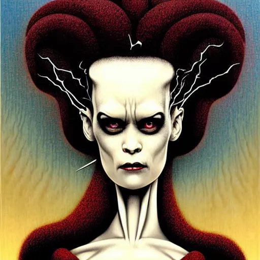 Image similar to bride of frankenstein, dynamic energic pose, in the style of nicoletta ceccoli, mark ryden, lostfish, earl norem, surrealism, dark art by james jean, takato yamamoto