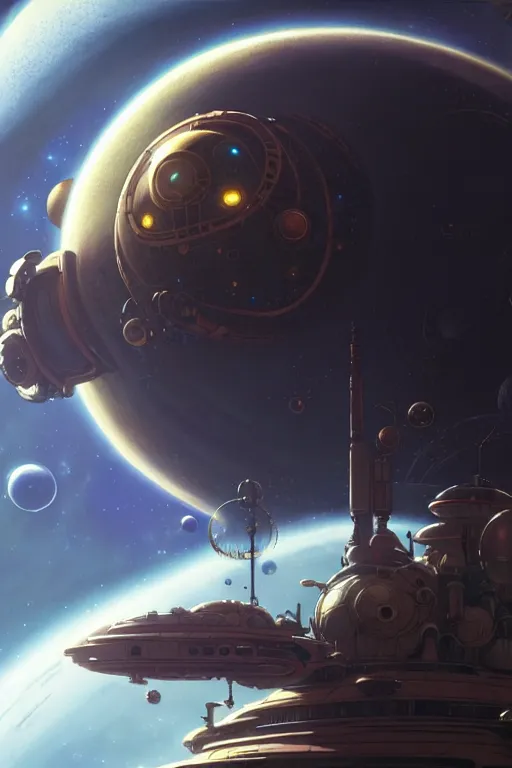 Image similar to steampunk spaceship infront of a planet, exquisite details, denoised, mid view, by karl kopinski, artsation, greg rutkowski, makoto shinkai, takashi takeuchi, studio ghibli