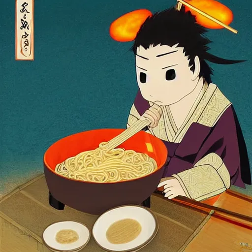 Image similar to robe rat samurai eating noodles, painting on a canvas, anime style, studio ghibli, contemplative, beautiful, surreal, detailed, dreamy