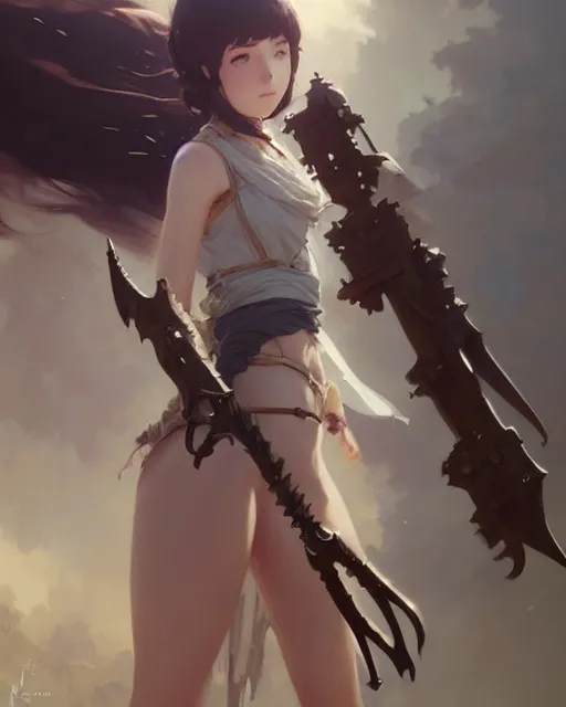 Image similar to cute girl, whitesmith, huge fantasy weapon, mechanical parts, digital painting by krenz cushart, ilya kuvshinov, akihiko yoshida, greg rutkowski, karl spitzweg. sharp focus, highly detailed, intricate background