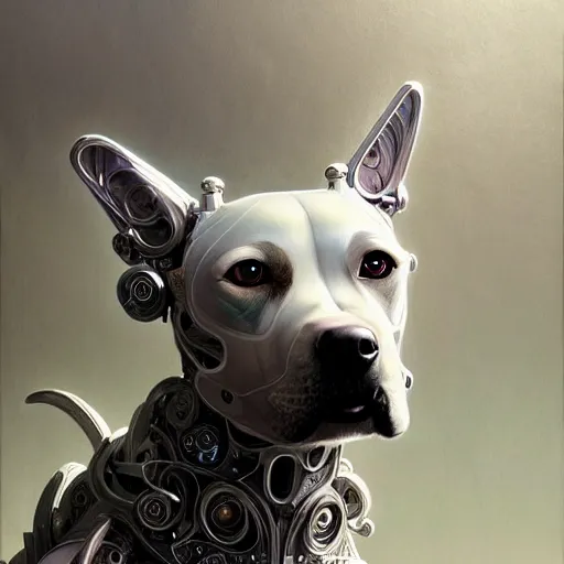 Image similar to organic cyborg dog, holographic white plastic and driftwood, fantasy, intricate, elegant, highly detailed, lifelike, photorealistic, digital painting, artstation, illustration, smooth, sharp focus, art by scott davidson, albert aublet, krenz cushart, artem demura, mucha